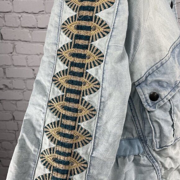 Free People Blue Linen Cotton Embroidered Stud Sleeve Light Jacket XS *stained - Picture 9 of 16
